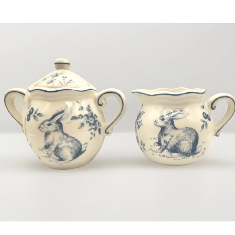 Maxcera Blue Toile Easter Bunny Creamer & Sugar Bowl w/Lid NEW Spring